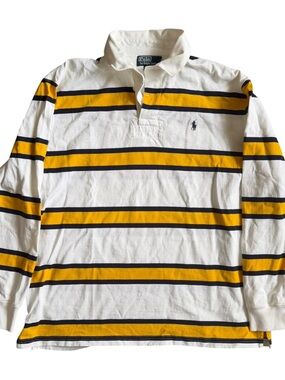 VTG Polo Ralph Lauren Rugby Shirt Long Sleeve White Yellow Striped Size: XL